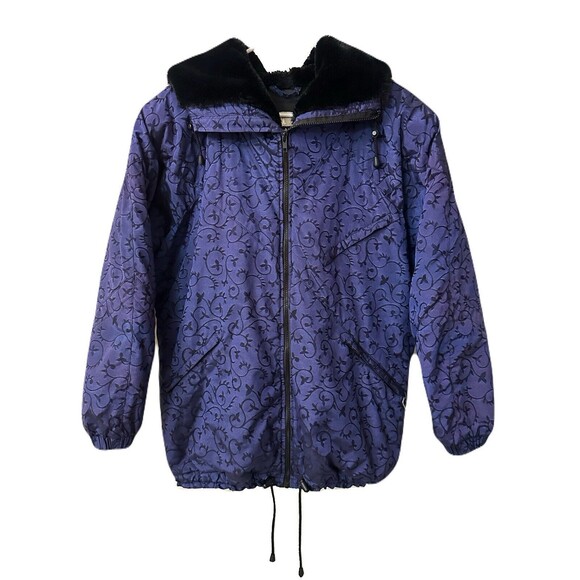 80s Vintage Nils Skiwear Womens 10 Large Winter Jacket Purple Floral Motif USA - Picture 1 of 13